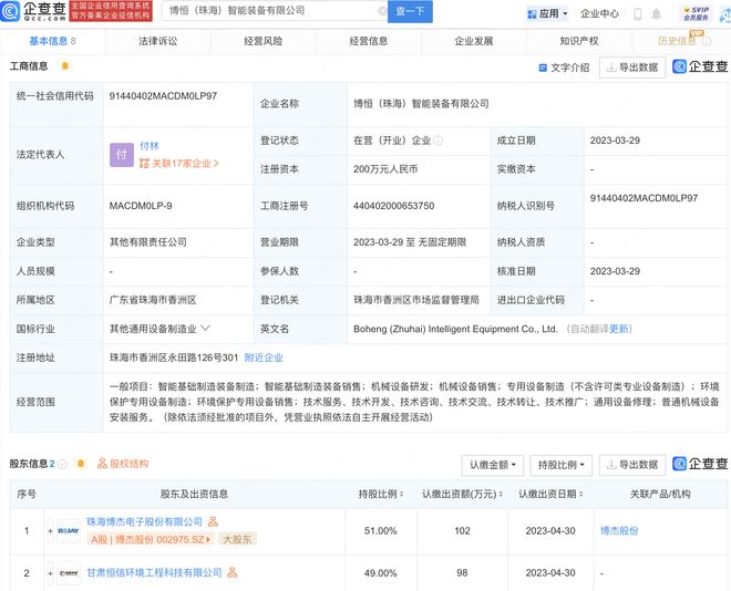 博杰股份于珠海投资设立智能装备新公司